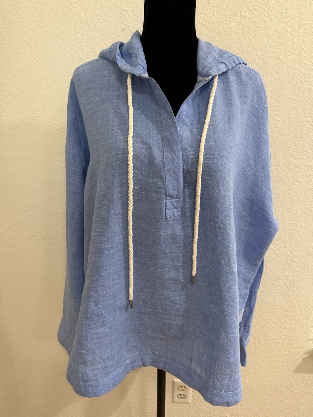 Lou & Grey Linen Chambray Relaxed Tunic Hooded Popover Top Long Sleeve Casual